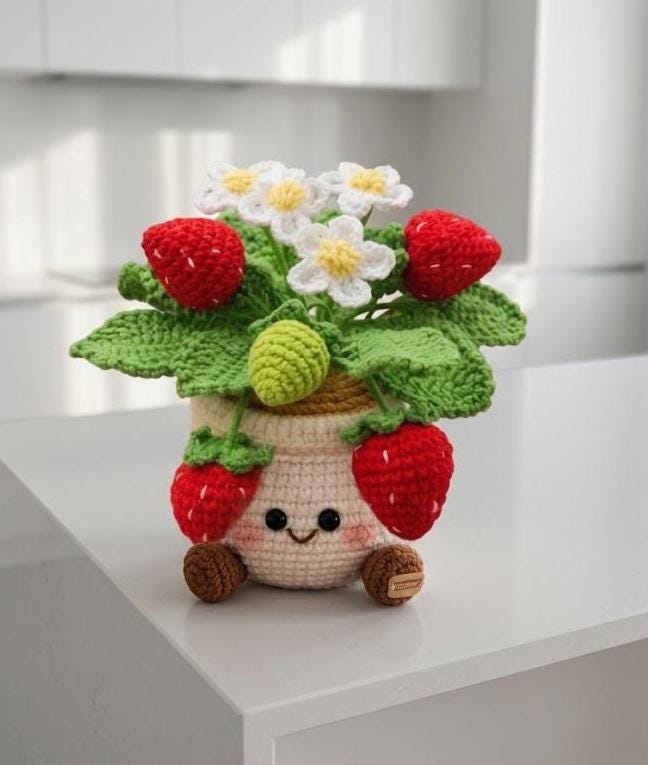 Smiling Strawberry Crochet Pot, Sweet Handmade Desk Decor, Cute Gift for Her, Birthday Gift, Mother’s Day Gift, Anniversary Present