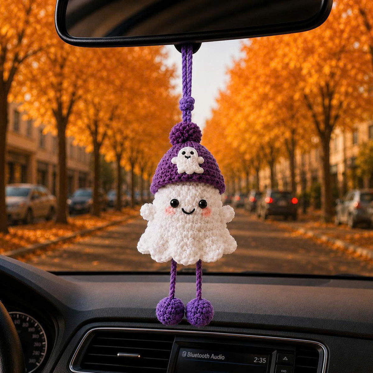 Handmade Crochet Ghost Car Charm, Handmade Halloween Mirror Accessory, Halloween Cute Gift, Cute Spooky Car Decor, Amigurumi Ghost Hanging