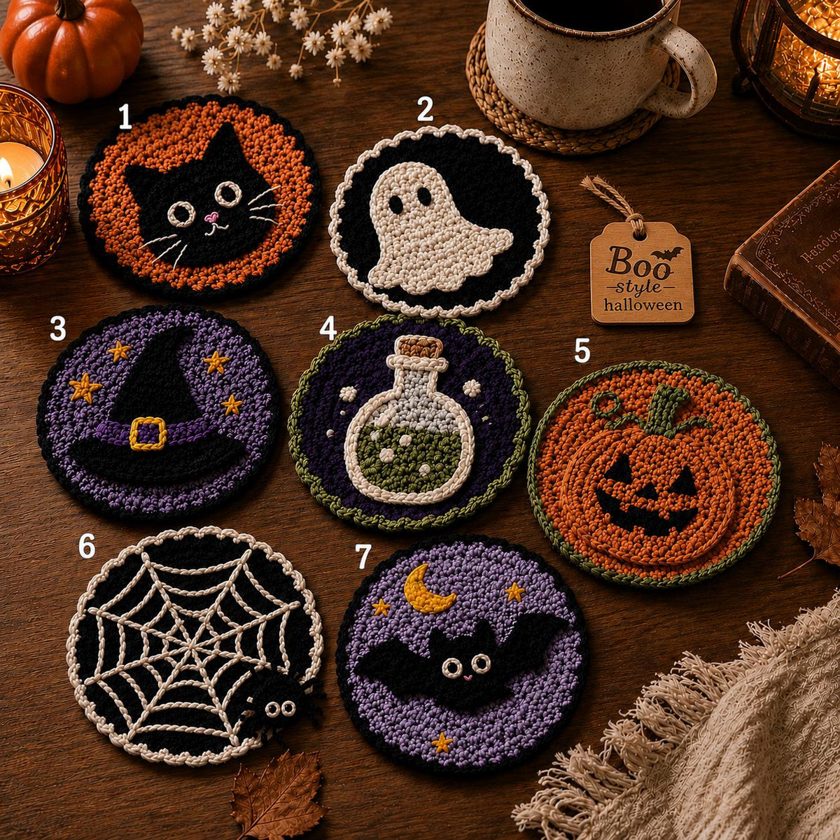 Halloween Crochet Coasters, Spooky Mug Rug Set, Cute Ghost Pumpkin Bat Decor, Witchy Fall Coffee Mat, Gothic Desk Decor, Black Cat Coaster
