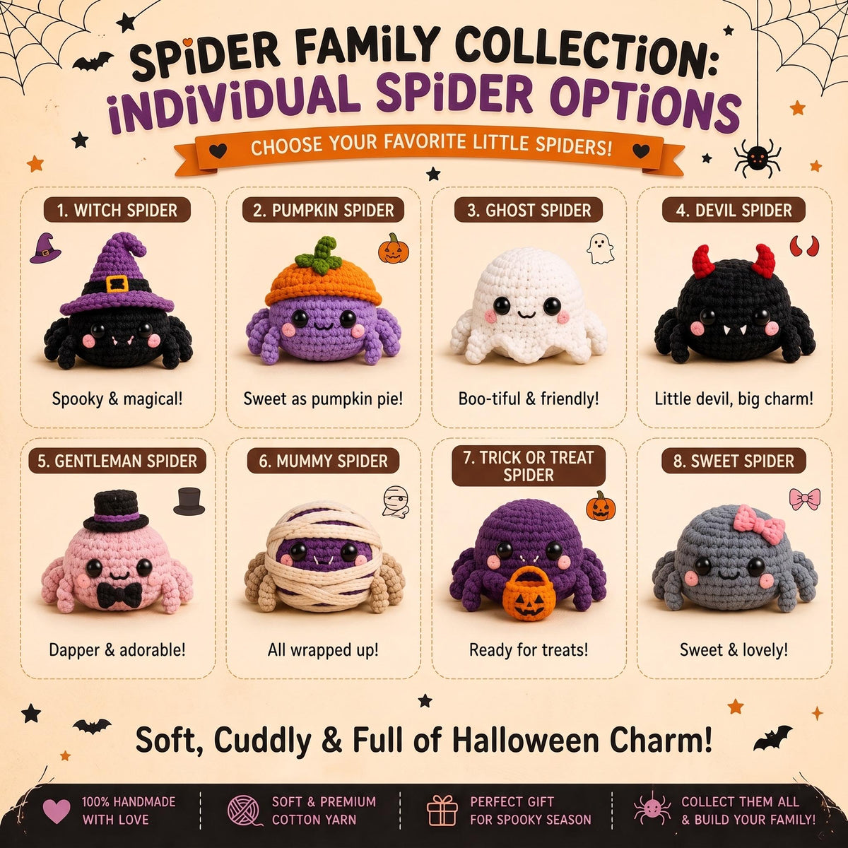 Halloween Crochet Spider, Cute Amigurumi Spider Plush, Witch Ghost Pumpkin Spider, Spooky Desk Decor, Kawaii Halloween Gift
