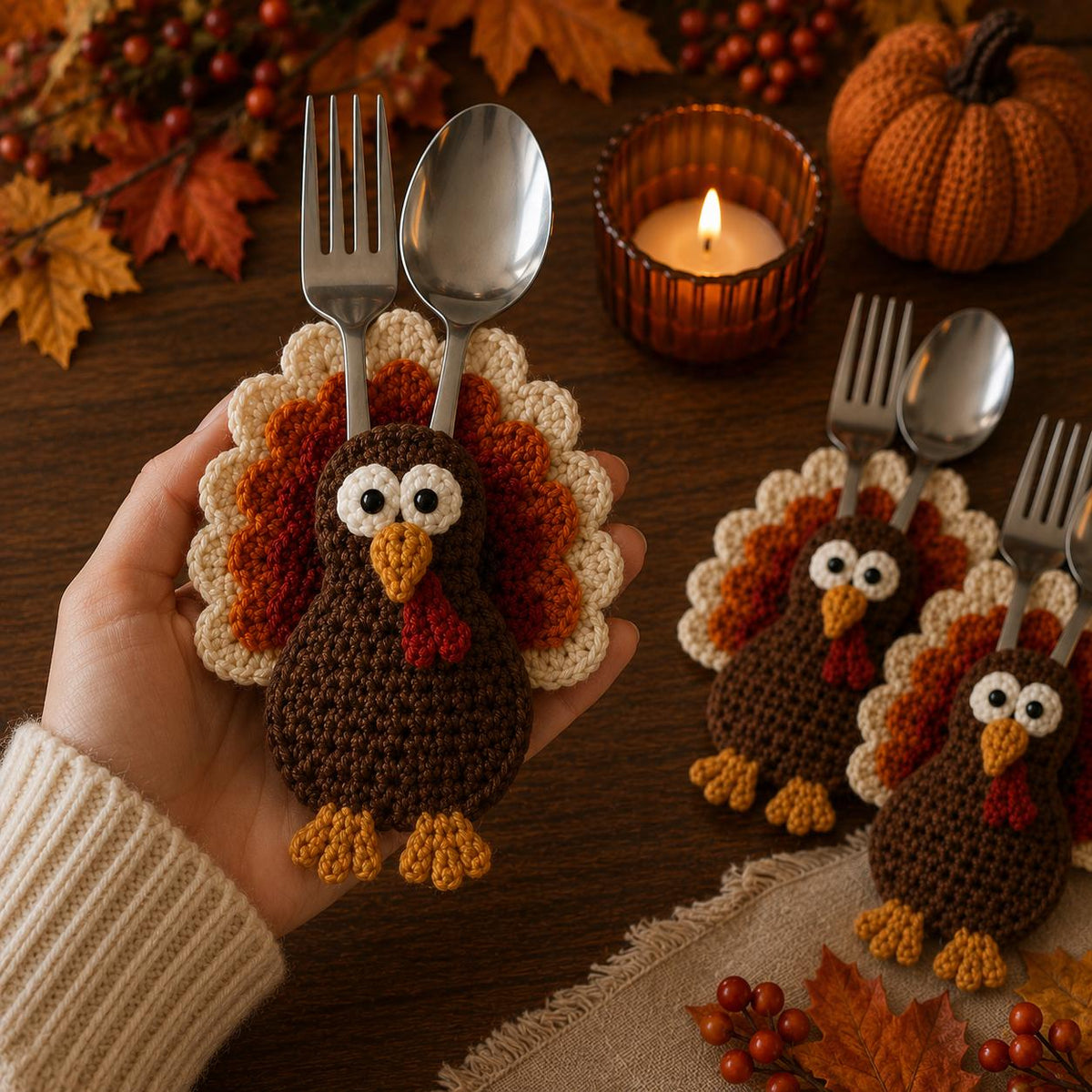 Crochet Turkey Cutlery Holder, Thanksgiving Table Decor, Turkey Silverware Pocket, Autumn Dining Setup, Fall Party Favor, Hostess Gift Set