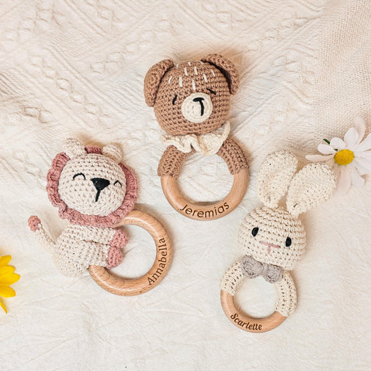 Personalized Crochet Rattle, Custom Wooden Baby Rattle, Baby Rattle, Crochet Rattle Toy, Newborn Gift , Baby Gift, Baby Toy, Birthday Gift