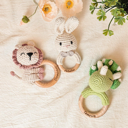 Wooden Baby Rattle, Engraved Baby Rattle with Name, Customizable Baby Rattle, Crochet Toy Rattle, Newborn Gift, Baby Shower Gift