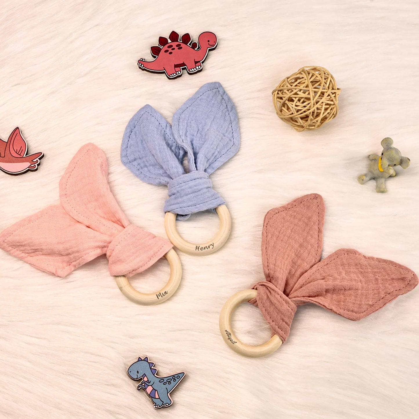 Bunny Ear Teething, Custom Wooden Teether, Fabric Teething Ring, Baby Shower Gift, Baby Announcement Gift, Pregnancy Gift for New Mom