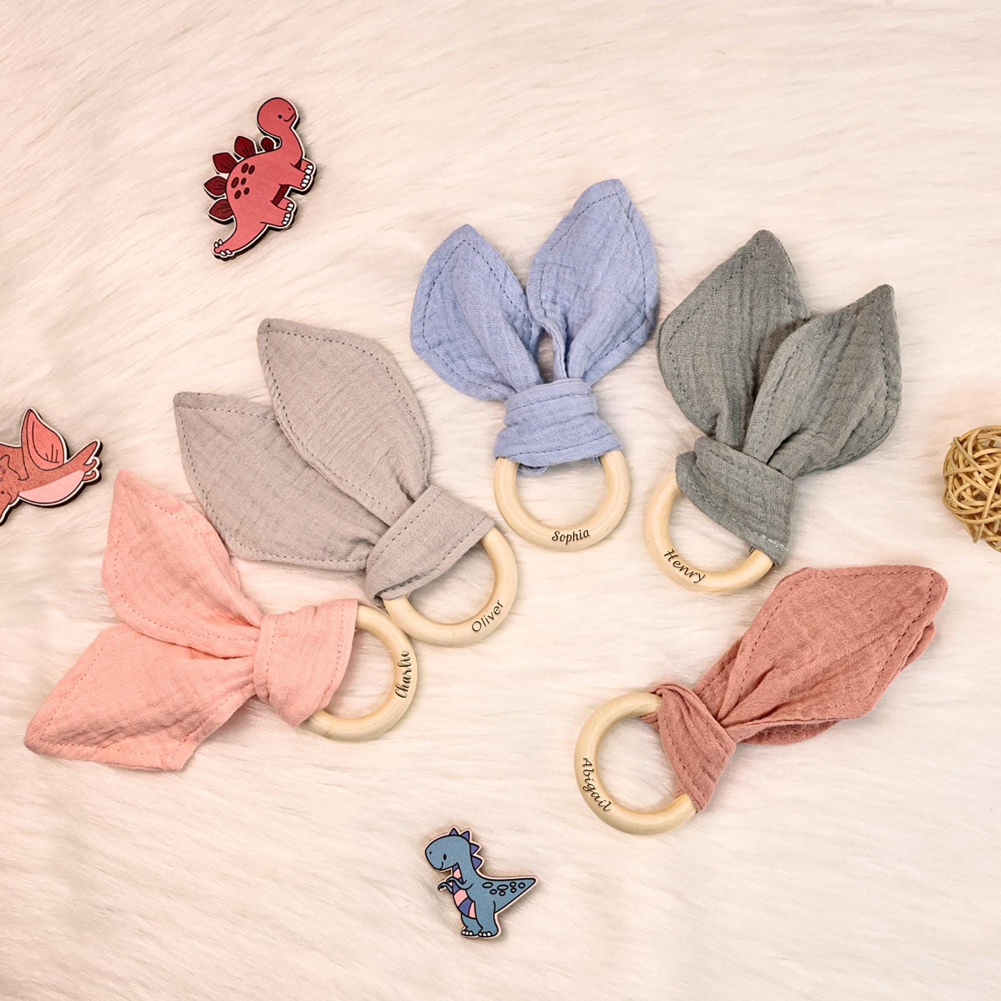 Bunny Ear Teething, Custom Wooden Teether, Fabric Teething Ring, Baby Shower Gift, Baby Announcement Gift, Pregnancy Gift for New Mom