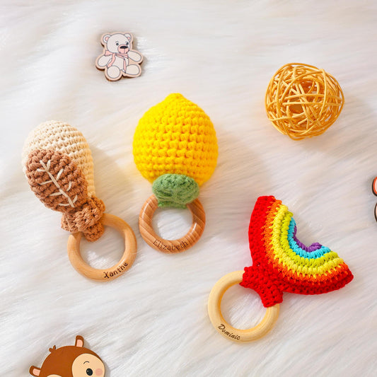 Personalized Fruit Rattle, Name Engraving Baby Gift, Wooden Rattle Gift for Baby, Newborn Gift, Gift for Nephew Niece, Teether Bites Wood