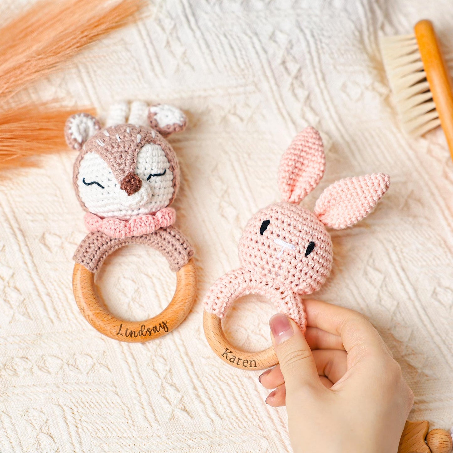 Crochet Toy Rattle for Baby, Personalized Baby Shower Gift, Baby Rattle, Wooden Rattle Ring for Newborn Gift, Gift for Nephew Niece