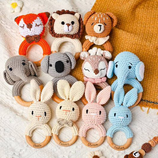 Crochet Toy Rattle for Baby, Personalized Baby Shower Gift, Baby Rattle, Wooden Rattle Ring for Newborn Gift, Gift for Nephew Niece