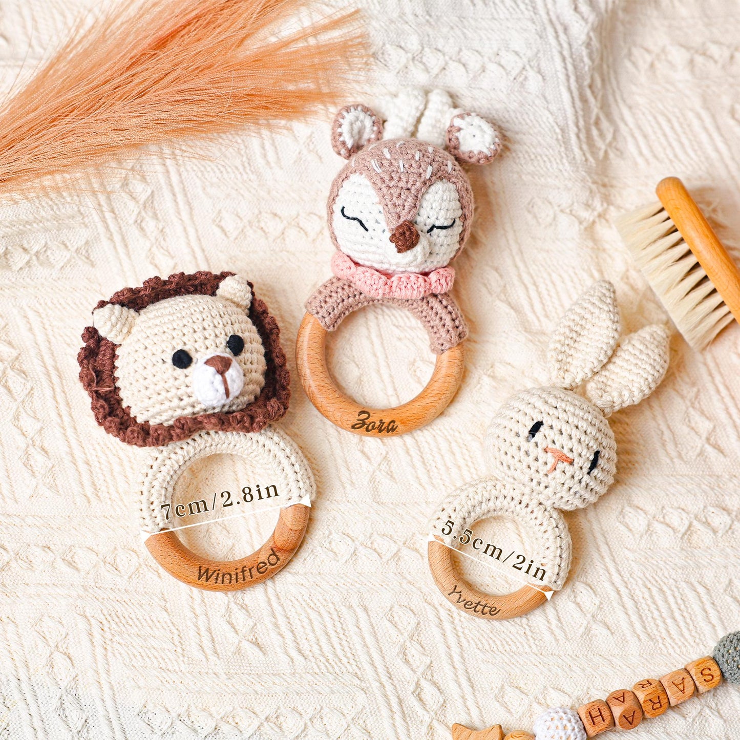 Crochet Toy Rattle for Baby, Personalized Baby Shower Gift, Baby Rattle, Wooden Rattle Ring for Newborn Gift, Gift for Nephew Niece
