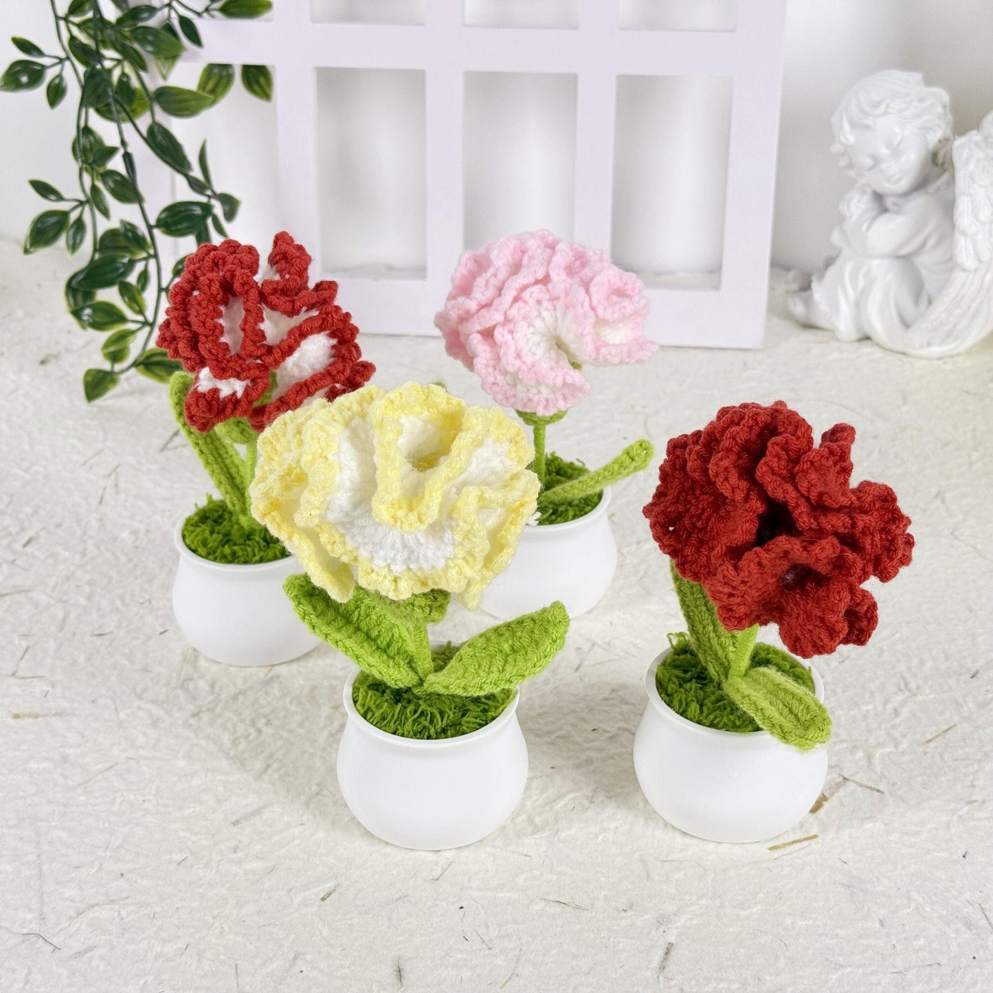 Crochet Flower Carnation in Pot, Carnation Bouquet, Adorable Handmade Crochet Carnation, Crochet Flower Desk Decor, Thank You for Gift