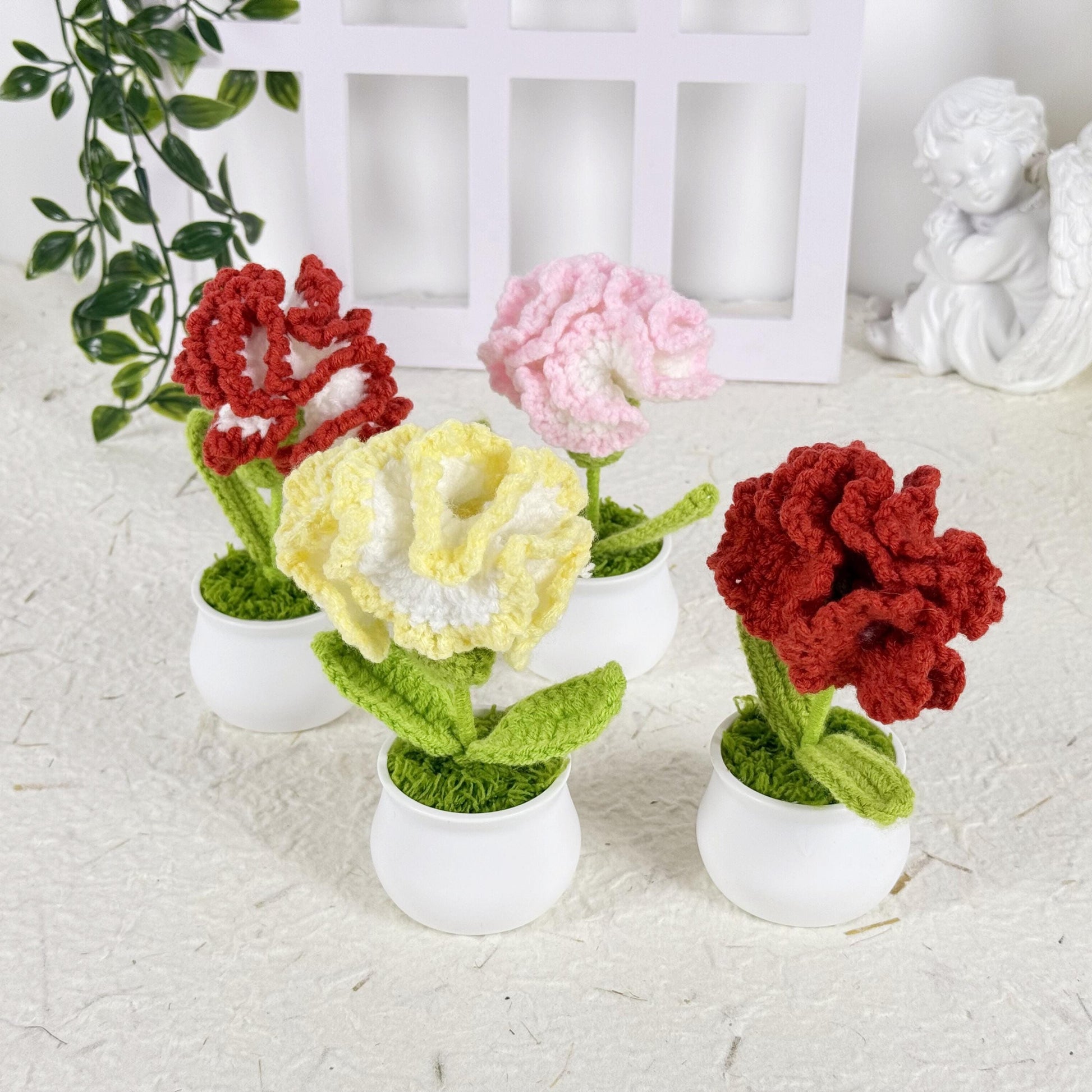 Crochet Flower Carnation in Pot, Carnation Bouquet, Adorable Handmade Crochet Carnation, Crochet Flower Desk Decor, Thank You for Gift