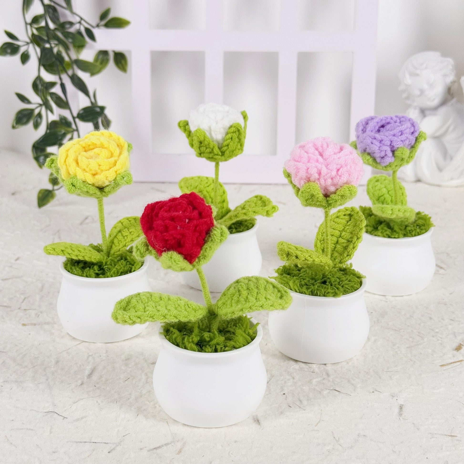 Crochet Rose Flower Pot Crochet Flower Gift Crochet Flower Bouquet Crochet Pot for Plant Lover Crochet Plant Crochet Pot Crochet Rose Pot