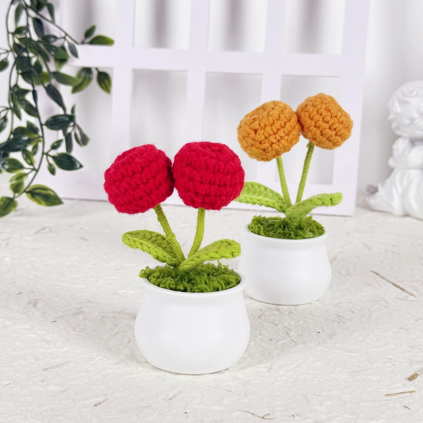 Handmade Finished Crochet Apple Flower Pot, Fruits Flower Decor, Orange Crochet Pot, Decorative Plants, Crochet Flowers, Home Decor