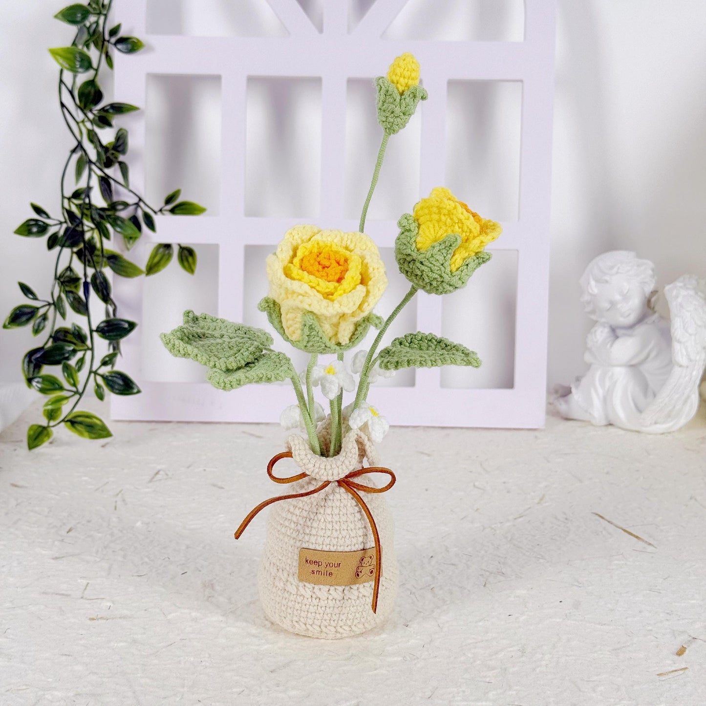 Crochet Flower in Pot, Crochet Rose Potted Plant, Desk Decoration, Room Decoration, Handmade flower, Teacher Gift, Forever Flower