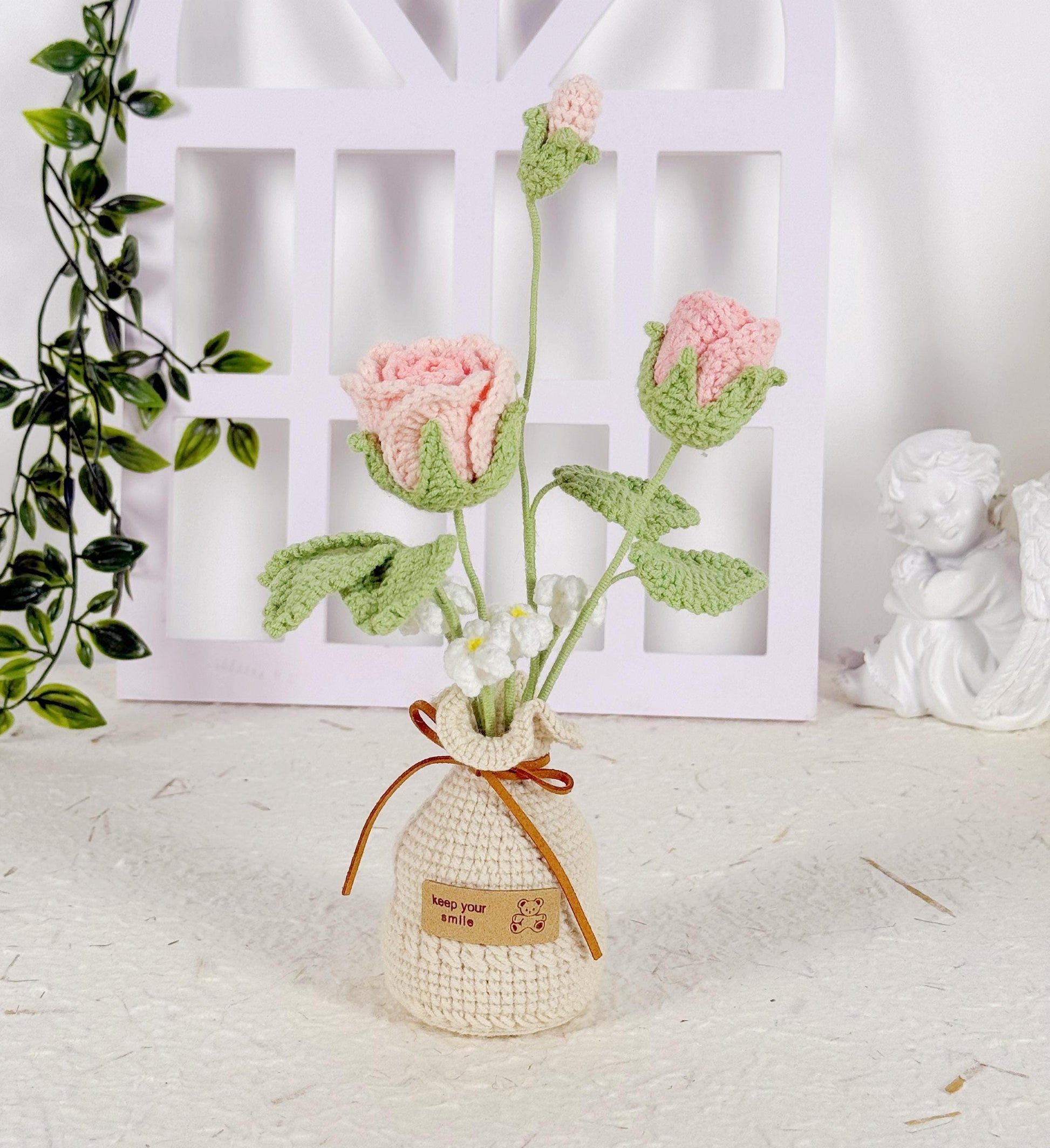 Crochet Flower in Pot, Crochet Rose Potted Plant, Desk Decoration, Room Decoration, Handmade flower, Teacher Gift, Forever Flower