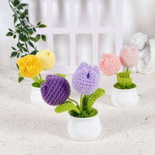 Handmade Crochet Tulip Flower Pot, Mini Crochet Flowers, Decorative Plants, Tulip Decor, Forever Blooming Floral Decor, Unique Gift