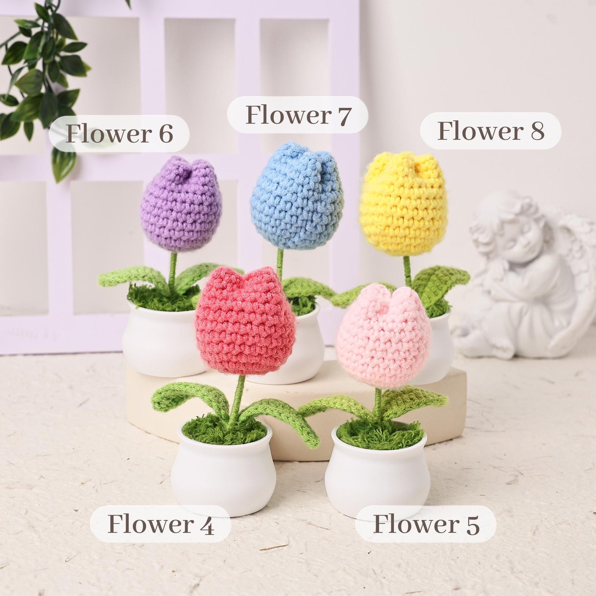 Handmade Crochet Tulips in Pot, Mini Crochet Flowers, Forever Blooming Floral Decor, Housewarming Gift, Desk Decoration, Room Decoration