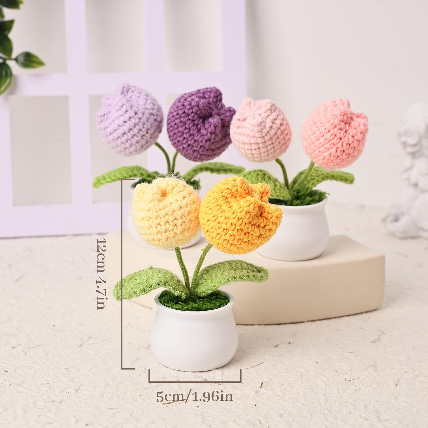 Handmade Crochet Tulips in Pot, Mini Crochet Flowers, Forever Blooming Floral Decor, Housewarming Gift, Desk Decoration, Room Decoration