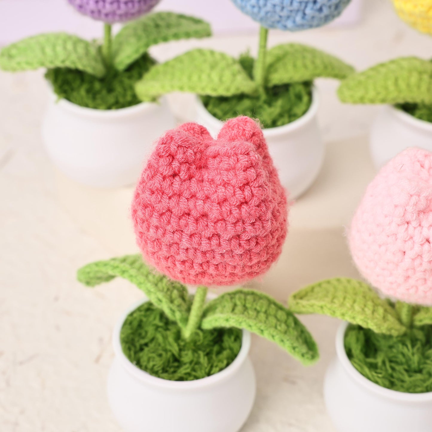 Handmade Crochet Tulips in Pot, Mini Crochet Flowers, Forever Blooming Floral Decor, Housewarming Gift, Desk Decoration, Room Decoration