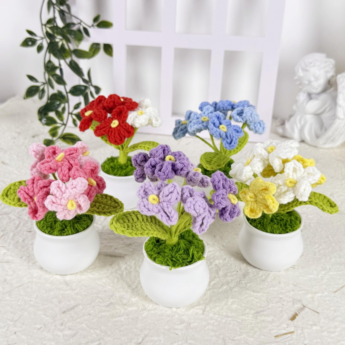 Crochet Forget-Me-Nots Potted Flower Gift Desk Accessory Knitted flowers Crochet Bouquet Gift for Housewarming Flower Arrangement
