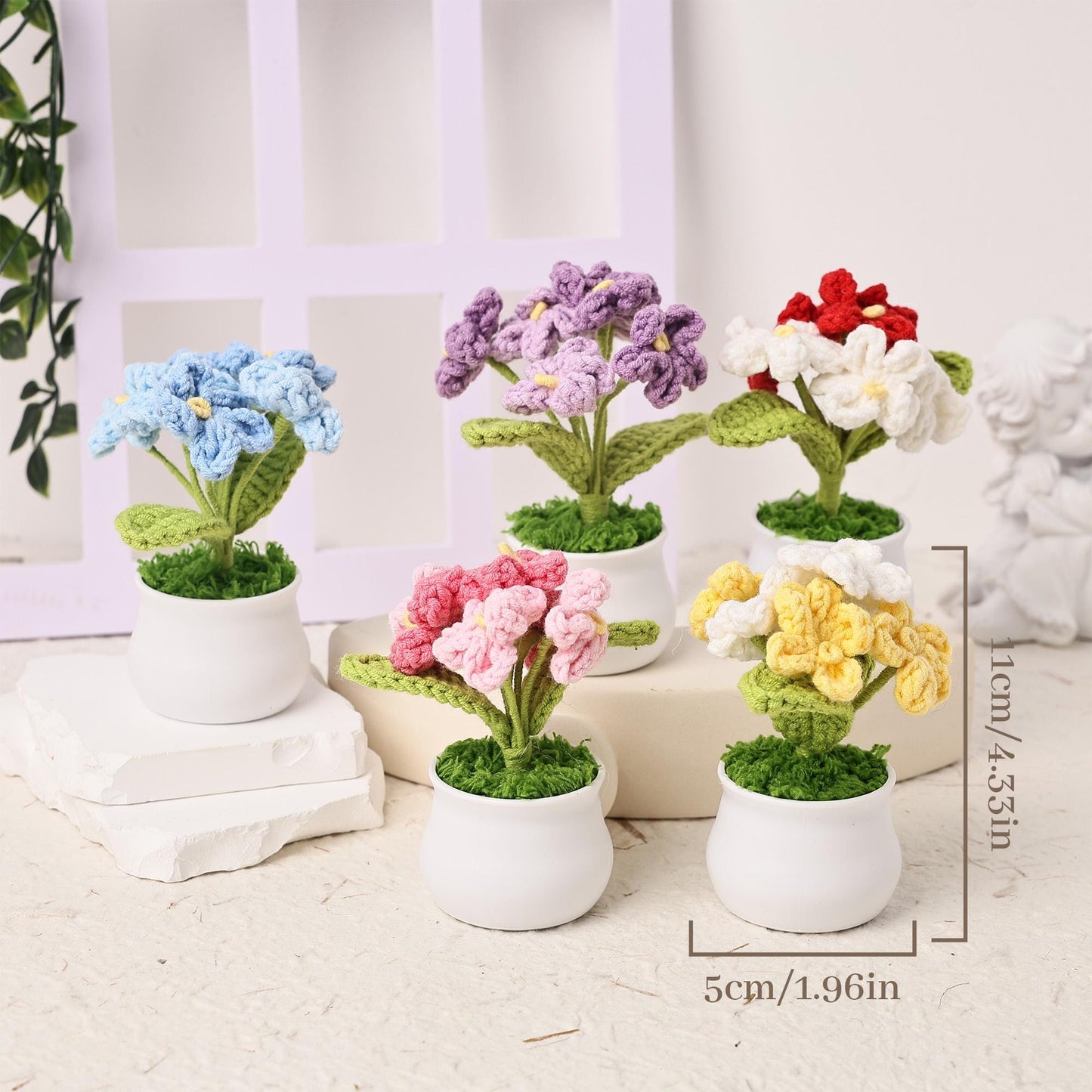 Handmade Crochet Forget me not Flowers, Emotional Support Potted Plant, Thanks Gift for Mom/Dad/Teacher/Friends/Team, Office Decoration