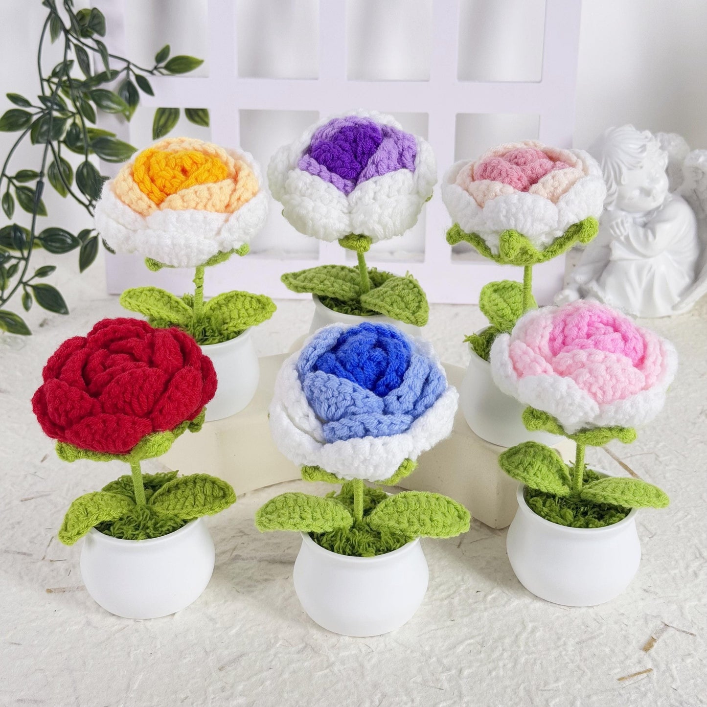 Adorable Handmade Crochet Rose Flower, Crochet Flower Pots, Crochet Gradient Rose Potted Plant, Rose Pots Crochet, Crochet Gifts