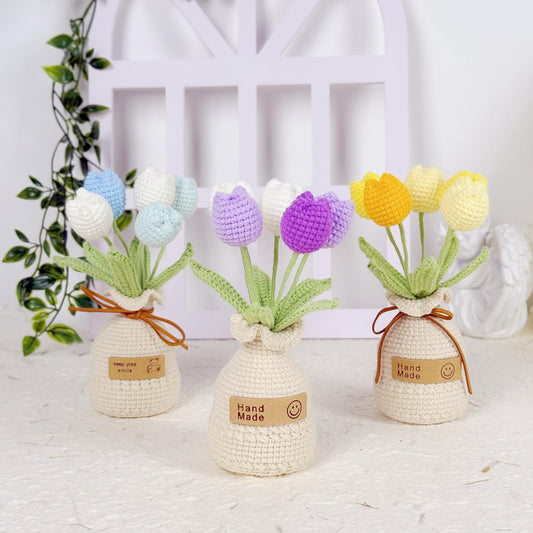 Handmade Crochet Tulips in Pot, Crochet Flower, Crochet Flowers Bouquet, Forever Blooming Floral Decor, Desk Decor, Teacher Gifts for Her