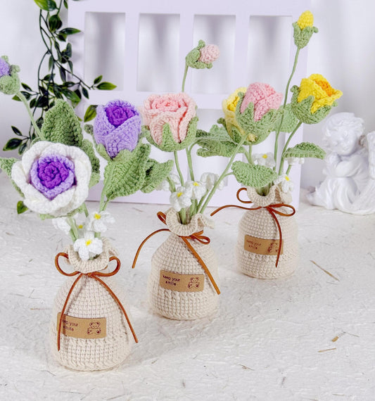 Crochet Flower in Pot, Crochet Rose Potted Plant, Desk Decoration, Room Decoration, Handmade flower, Teacher Gift, Forever Flower