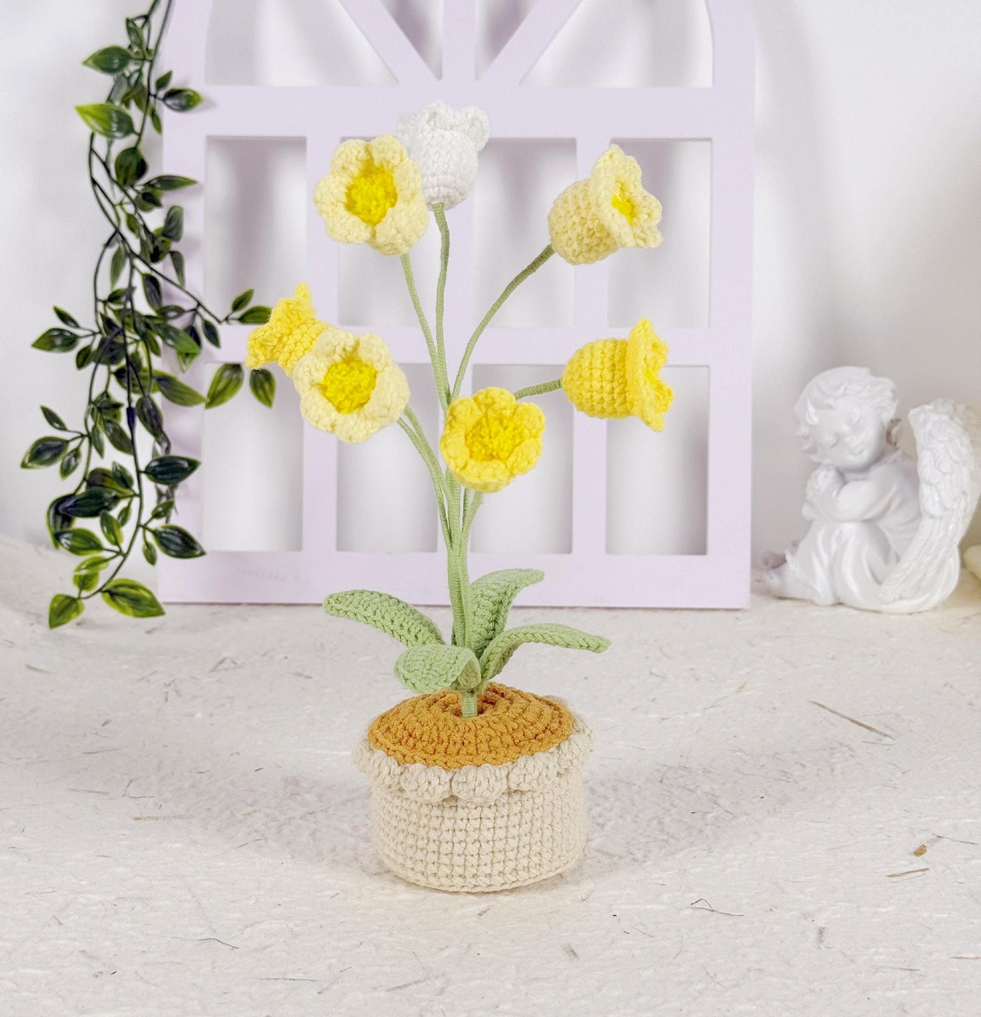 Crochet Flower in Pot, Crochet Lily of the Valley, Crochet Lily, Graduation Gift, Birthday Gift, Gift for Her with Custom Tags, Crochet Gift