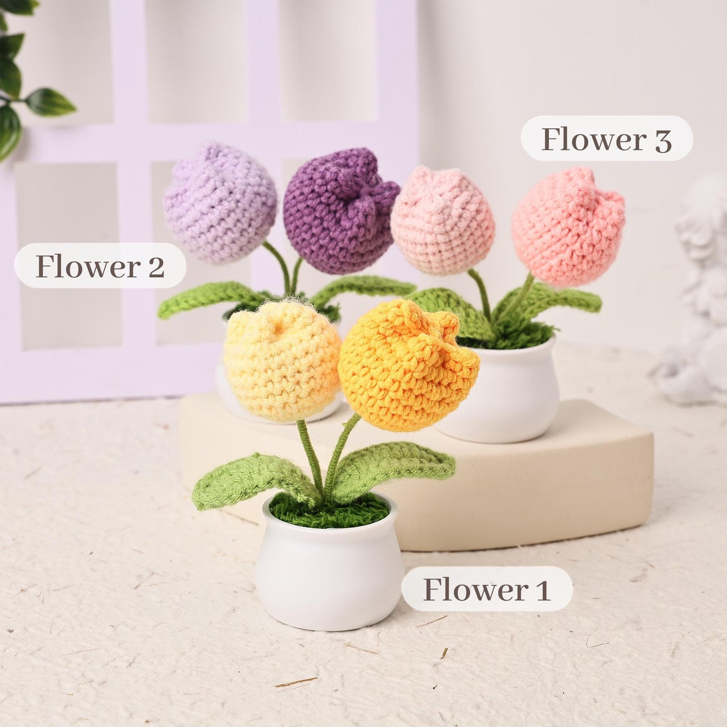 Handmade Crochet Tulips in Pot, Mini Crochet Flowers, Forever Blooming Floral Decor, Housewarming Gift, Desk Decoration, Room Decoration