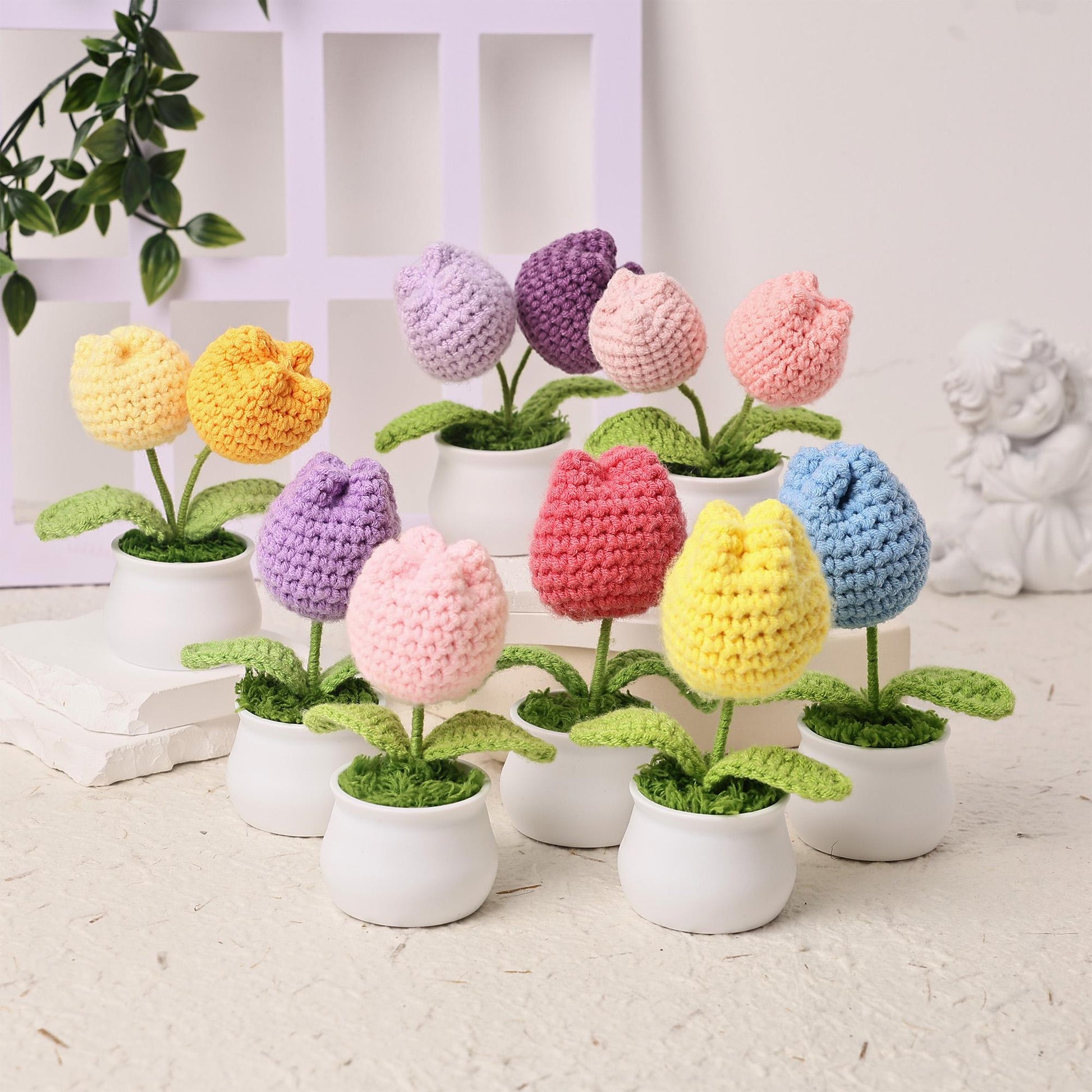 Handmade Crochet Tulips in Pot, Mini Crochet Flowers, Forever Blooming Floral Decor, Housewarming Gift, Desk Decoration, Room Decoration