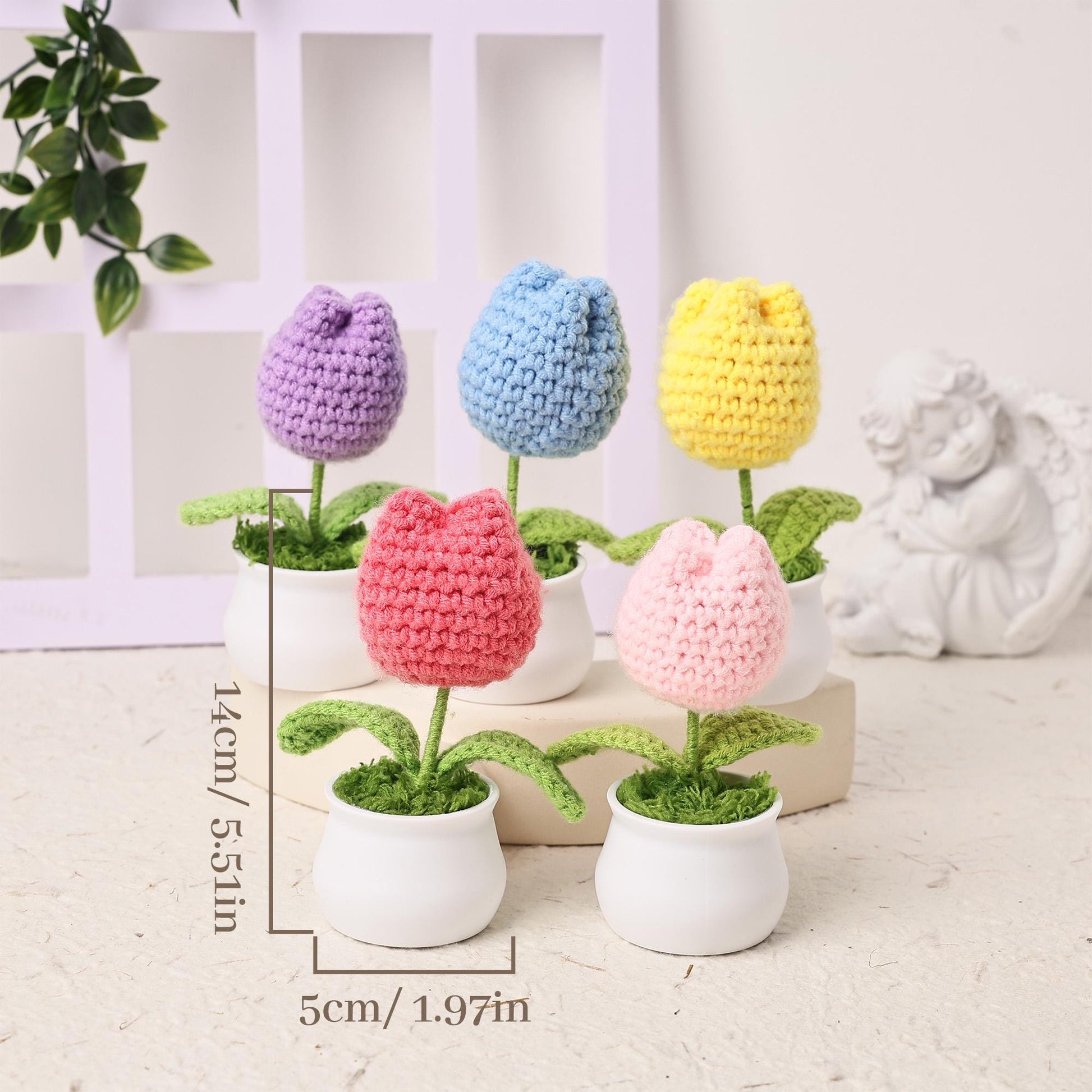 Handmade Crochet Tulips in Pot, Mini Crochet Flowers, Forever Blooming Floral Decor, Housewarming Gift, Desk Decoration, Room Decoration