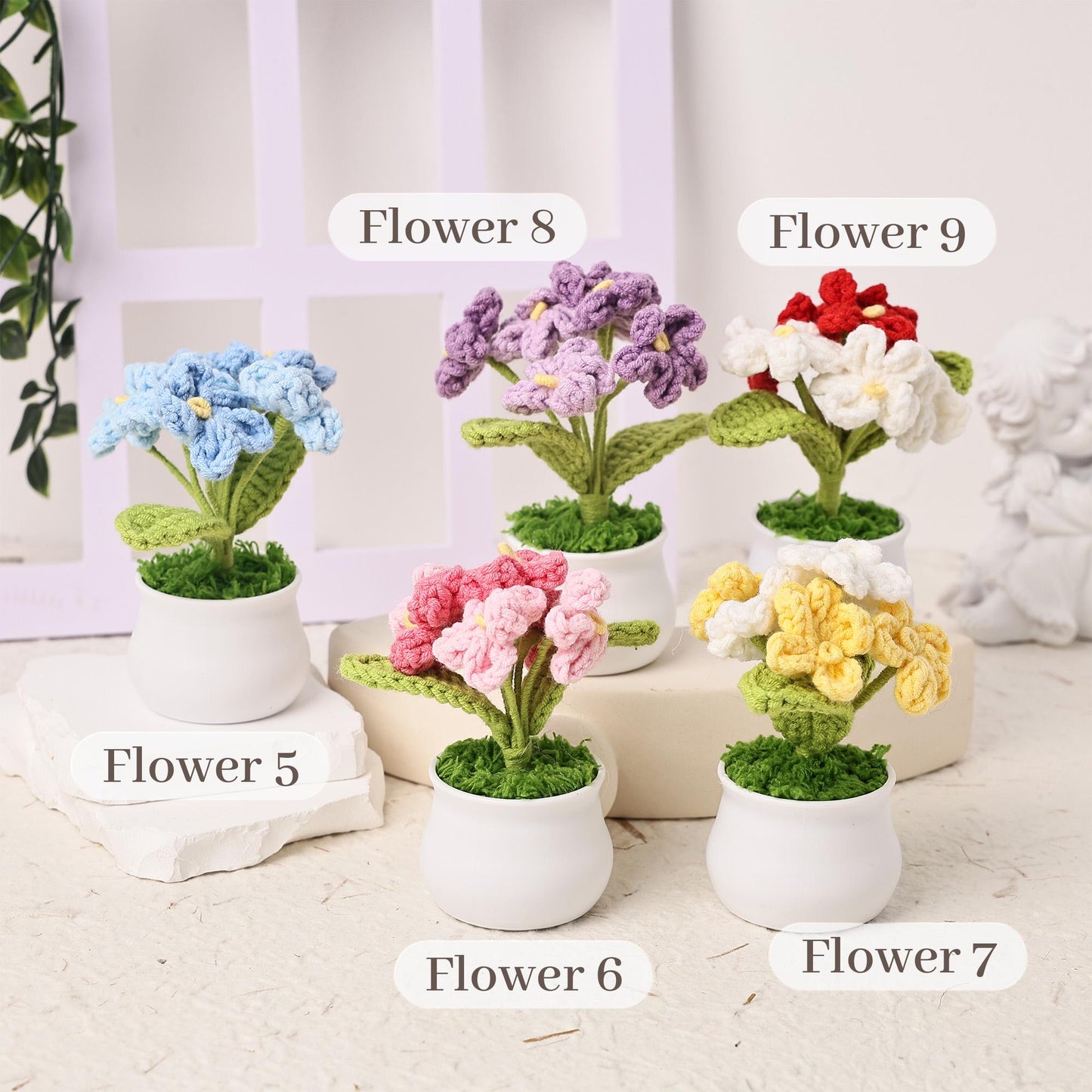 Handmade Crochet Forget me not Flowers, Emotional Support Potted Plant, Thanks Gift for Mom/Dad/Teacher/Friends/Team, Office Decoration