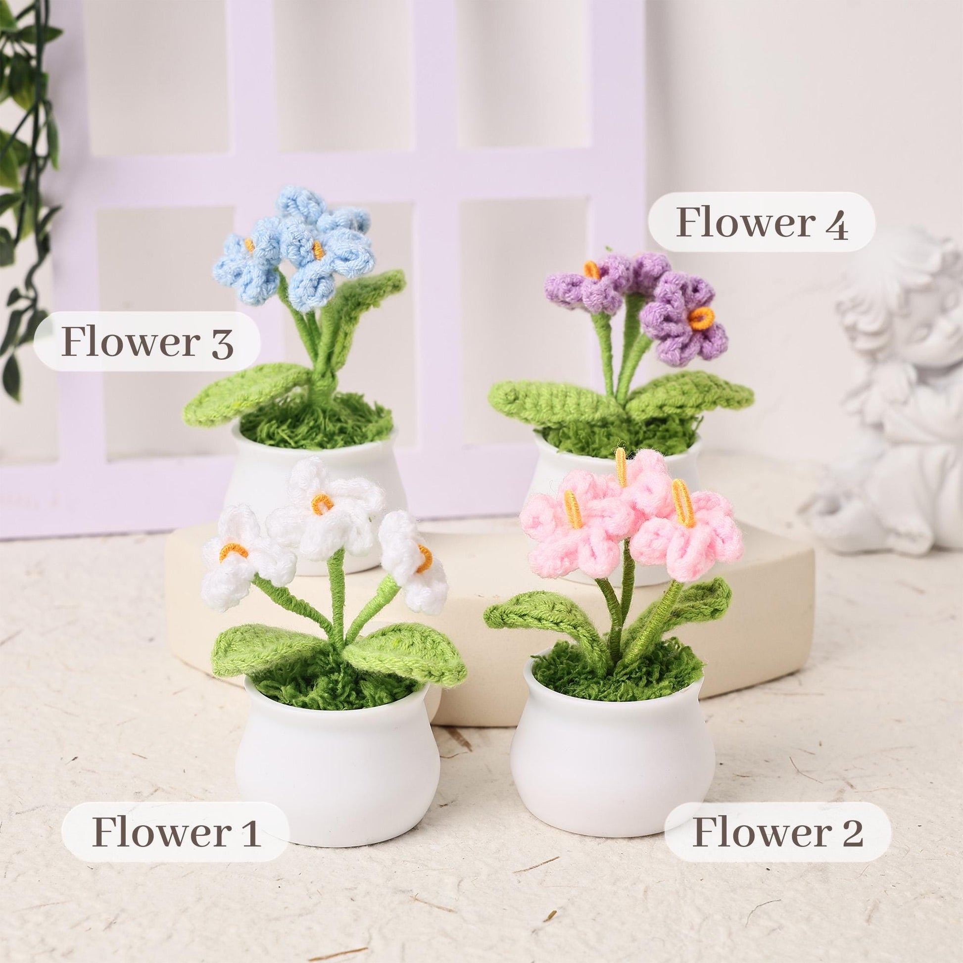 Handmade Crochet Forget me not Flowers, Emotional Support Potted Plant, Thanks Gift for Mom/Dad/Teacher/Friends/Team, Office Decoration
