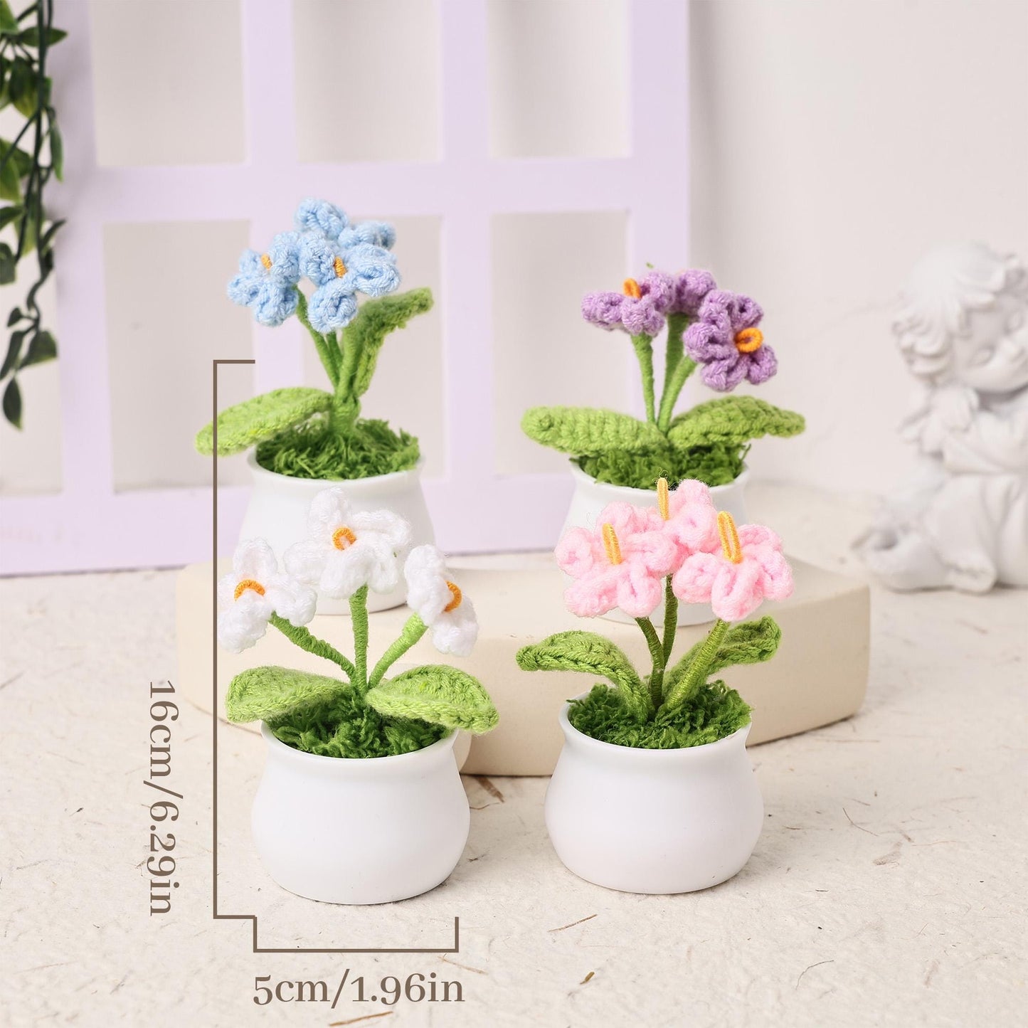 Handmade Crochet Forget me not Flowers, Emotional Support Potted Plant, Thanks Gift for Mom/Dad/Teacher/Friends/Team, Office Decoration