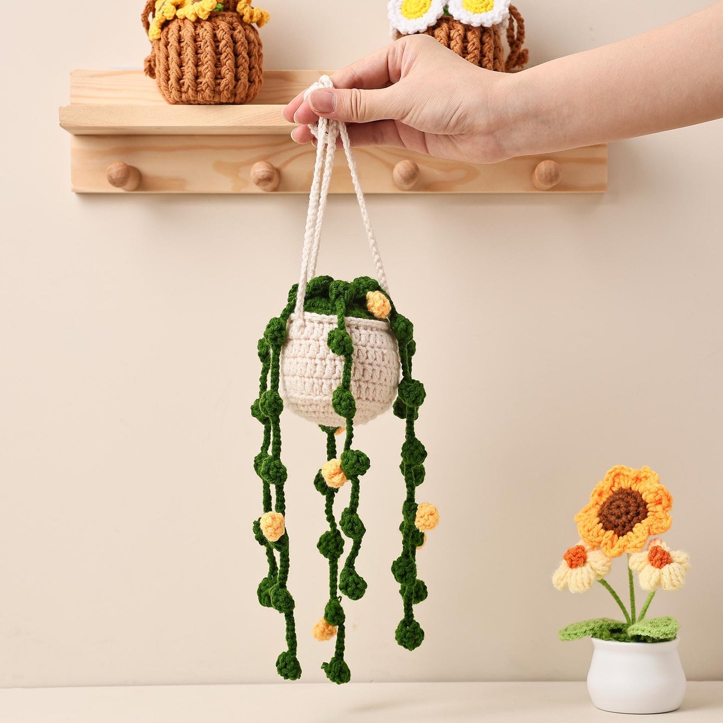 Crochet Flower Car Mirror Charm Handmade Flower Plant Hanger Cute Car Accessory Rearview Mirror Decor Woven Gift for Her Birthday Gift