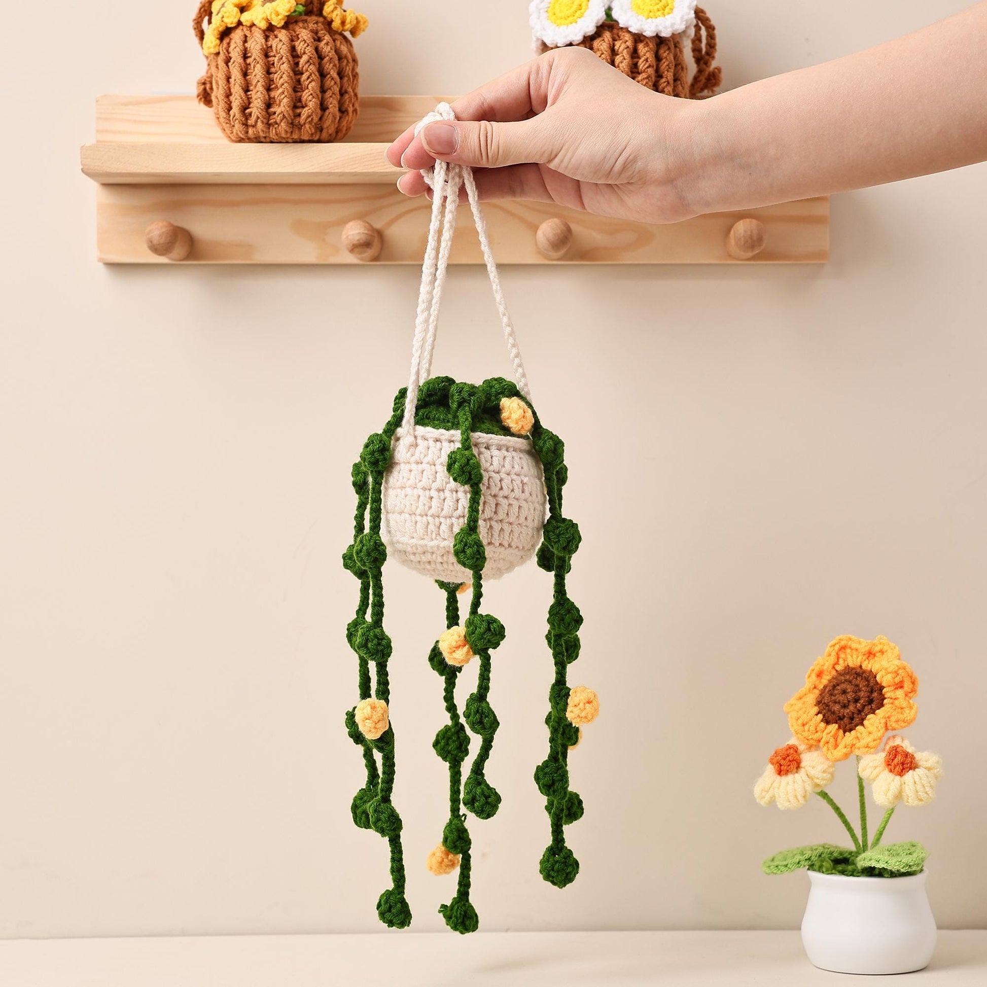 Crochet Flower Car Mirror Charm Handmade Flower Plant Hanger Cute Car Accessory Rearview Mirror Decor Woven Gift for Her Birthday Gift