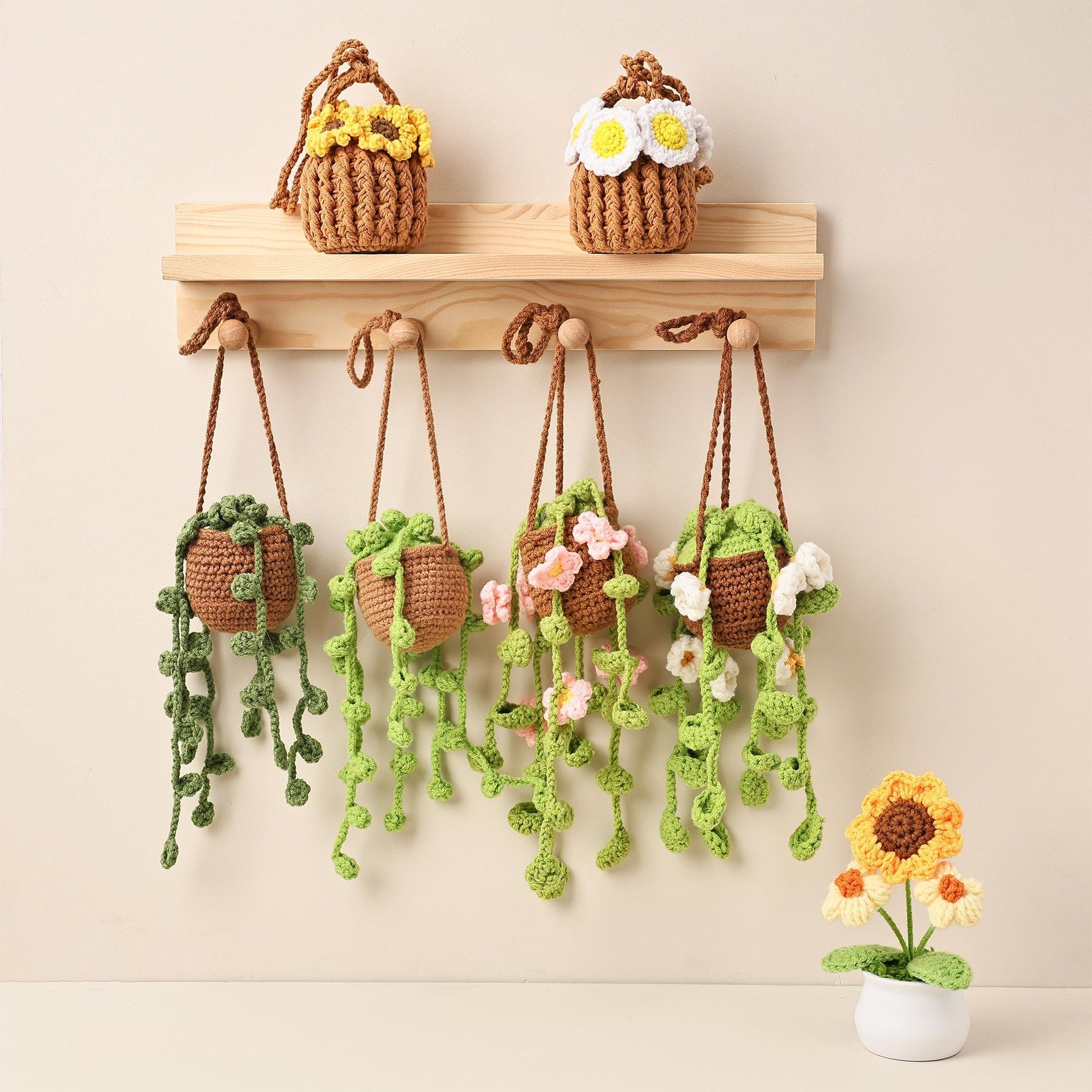 Crochet Flower Car Mirror Charm Handmade Flower Plant Hanger Cute Car Accessory Rearview Mirror Decor Woven Gift for Her Birthday Gift