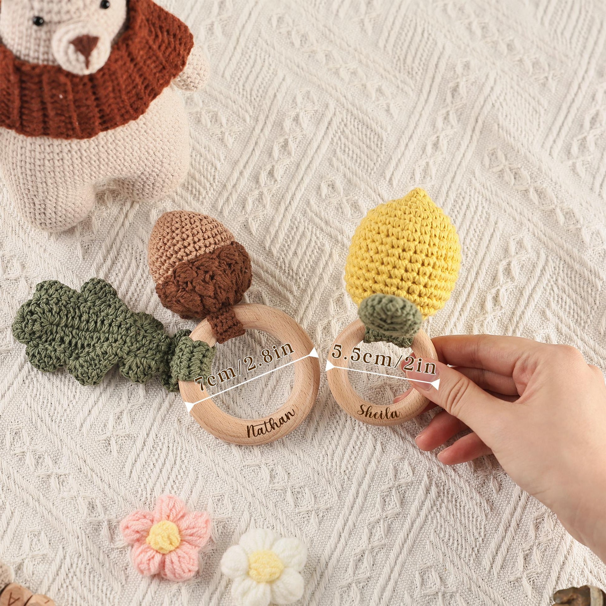 Personalized Animal Crochet Rattle,Custom Wooden Baby Rattle,Engraved Crochet Toy Rattle with Name for Baby,Newborn Gift,Baby Shower Gift