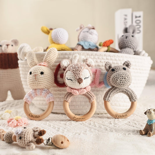 Personalized Crochet Baby Rattle Toy for Girls and Boys, Animal Crochet Baby Rattle, Baby Shower Gift, Baby Rattle Grasping Toy,Newborn Gift