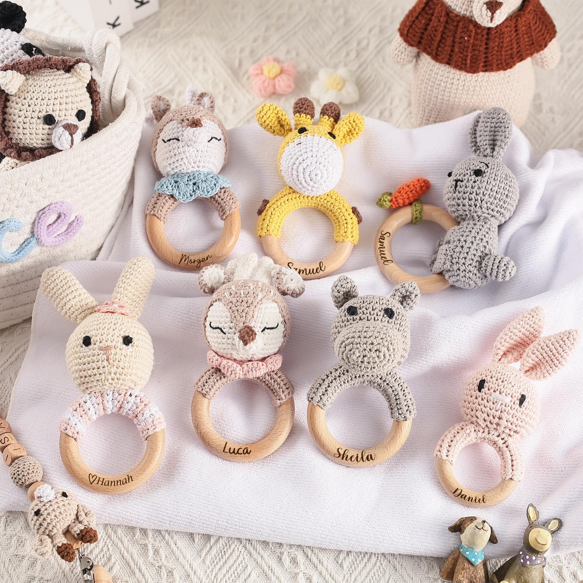 Personalized Animal Crochet Rattle,Custom Wooden Baby Rattle,Engraved Crochet Toy Rattle with Name for Baby,Newborn Gift,Baby Shower Gift