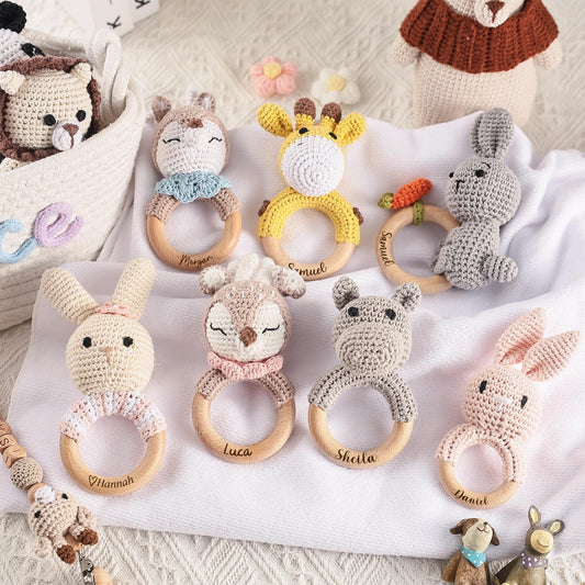 Personalized Animal Crochet Rattle,Custom Wooden Baby Rattle,Engraved Crochet Toy Rattle with Name for Baby,Newborn Gift,Baby Shower Gift