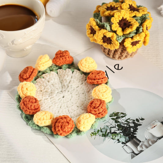 Handmade Crochet Flower Coaster With Basket, Crochet Flower Coaster, Crochet Flower Bouquet,  Crochet Coaster,Mothers Day Gift, Gift for Mom