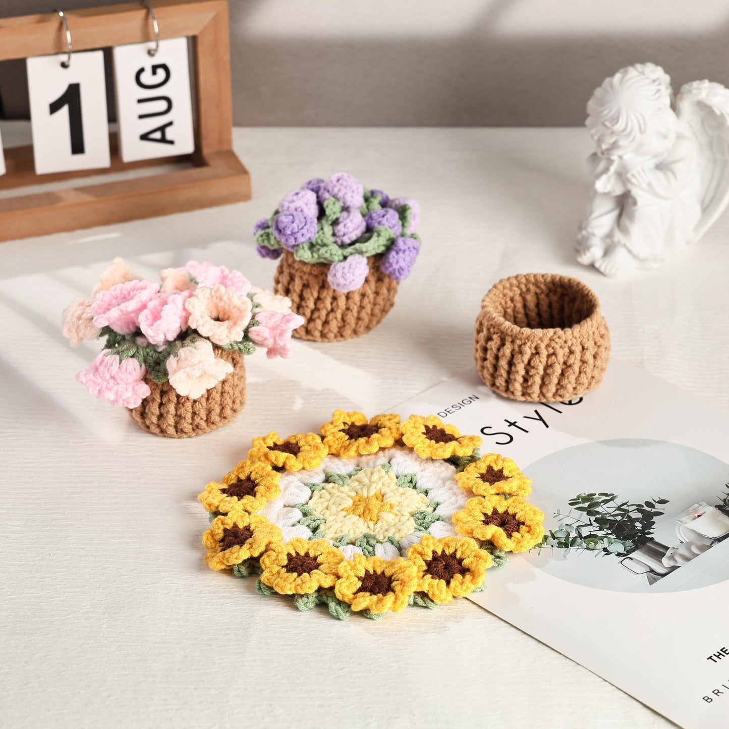 Handmade Crochet Flower Coaster With Basket, Crochet Rose Coasters, Crochet Flower Bouquet,  Crochet Coaster, Personalized Mom Gift