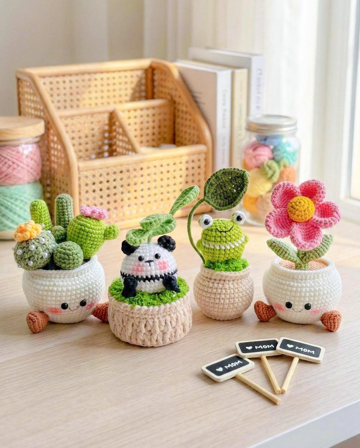 Crochet Cactus, Flower, Frog, Panda Pots, Whimsical Desk Decor, Crochet Pot, Crochet Cactus Pot, Gift For Her, Gift For Mom, Flower Pot