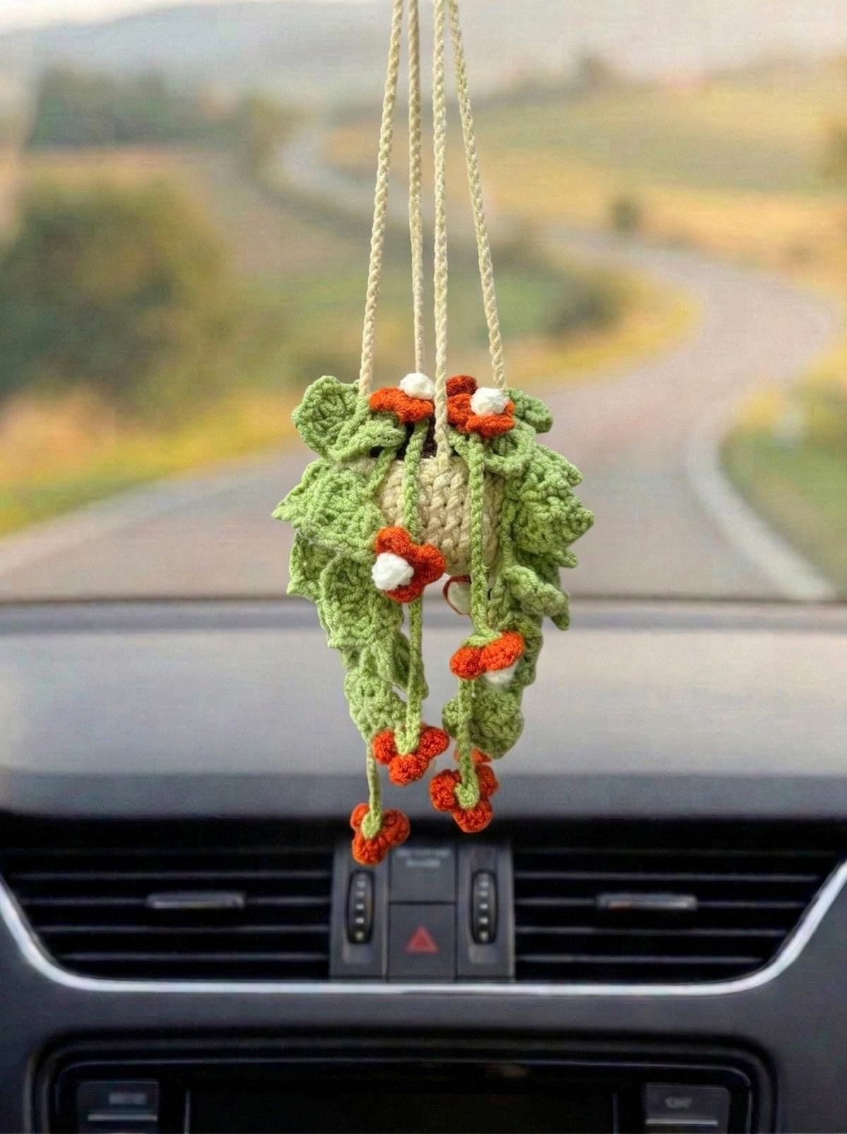 Crocheted Chamomile Daisy Car Charm,  Hanging Plant Ornament, Boho Style Accessory, Healing Car Decor, Crochet Plant, Hanging Car Crochet
