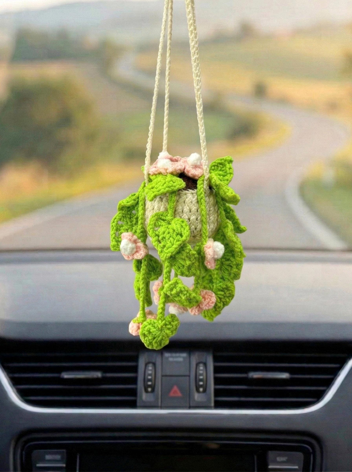 Crocheted Chamomile Daisy Car Charm,  Hanging Plant Ornament, Boho Style Accessory, Healing Car Decor, Crochet Plant, Hanging Car Crochet