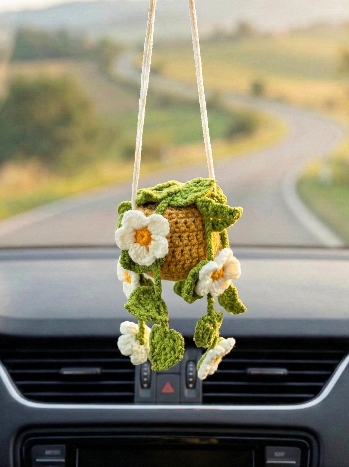 Crocheted Chamomile Daisy Car Charm,  Hanging Plant Ornament, Boho Style Accessory, Healing Car Decor, Crochet Plant, Hanging Car Crochet
