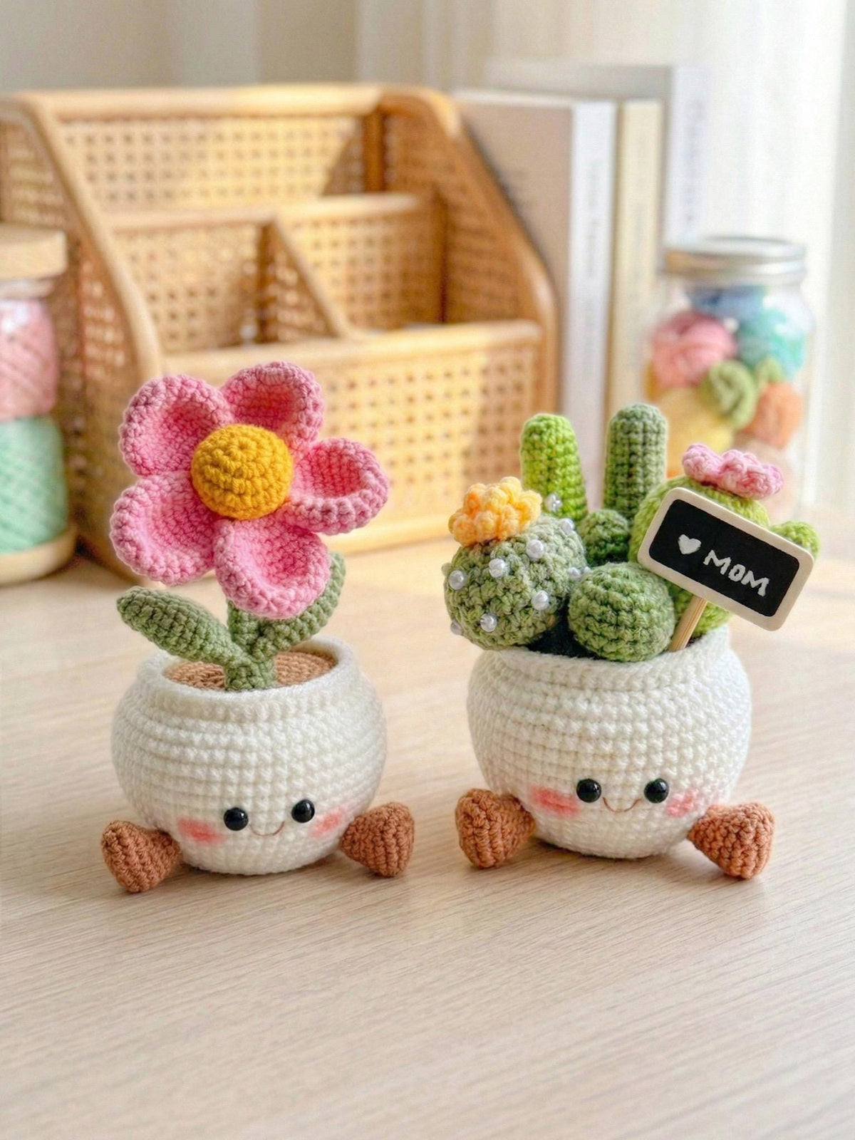 Crocheted Smiling Cactus Flower Pot | Handmade Amigurumi Desk Decor