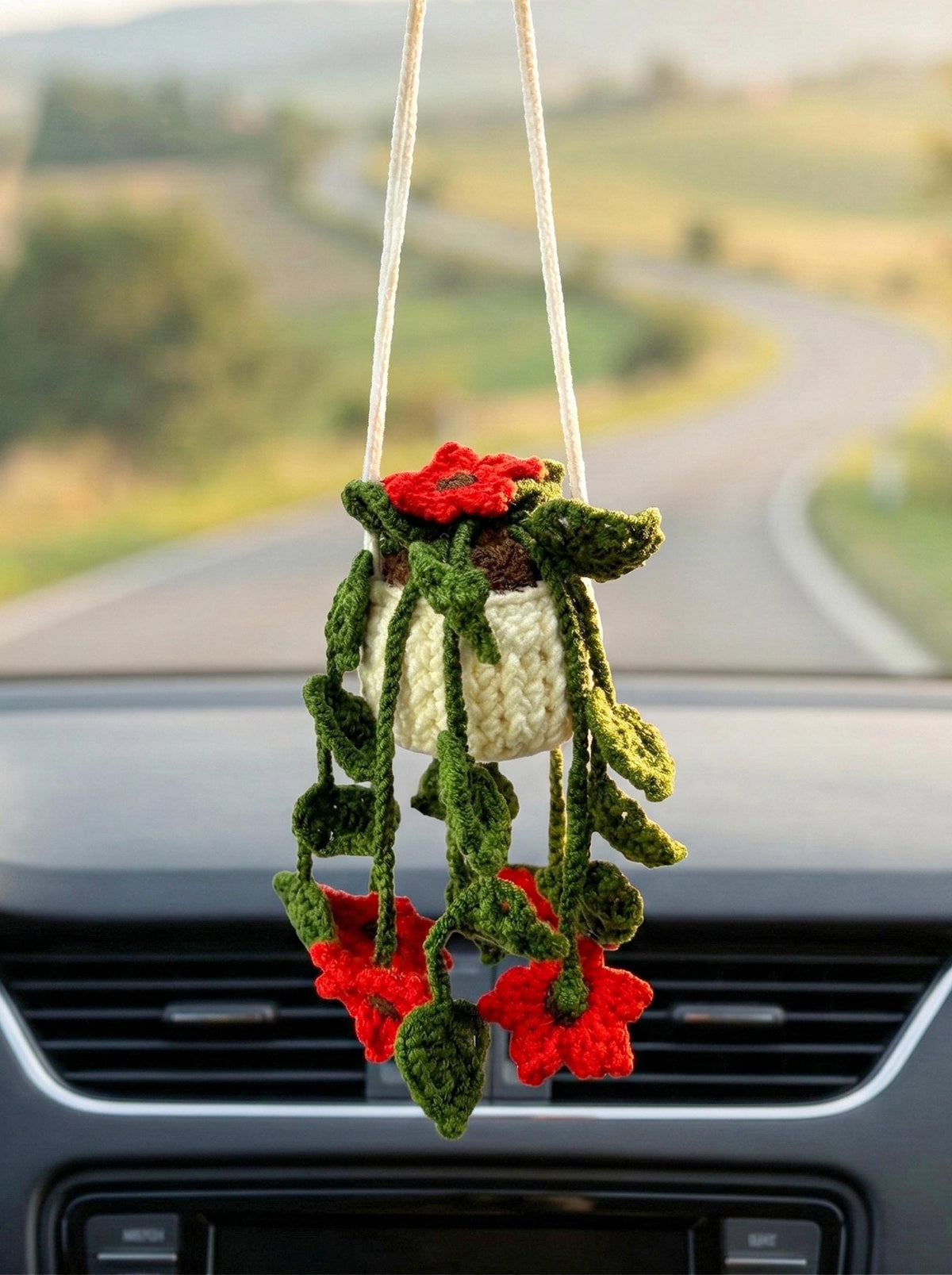 Crocheted Chamomile Daisy Car Charm,  Hanging Plant Ornament, Boho Style Accessory, Healing Car Decor, Crochet Plant, Hanging Car Crochet